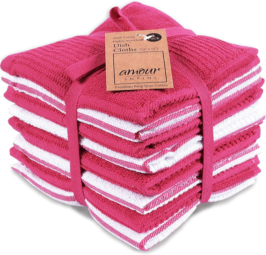 AMOUR INFINI Dish Cloths for Washing Dishes Set of 8 - Highly Absorbent, Super Soft Kitchen Dishcloths - Reusable Quick Dry Dish Rags for Cleaning & Drying Kitchen Linens (12x12 Inch - Pink)