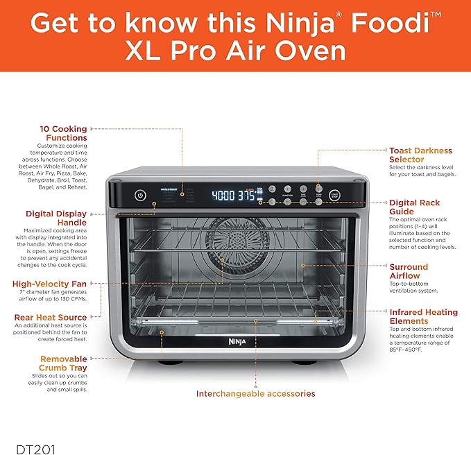 NINJA DT201 Foodi 10-in-1 XL Pro Air Fry Digital Countertop Convection Toaster Oven with Dehydrate and Reheat, 1800 Watts, Stainless Steel Finish (Renewed)