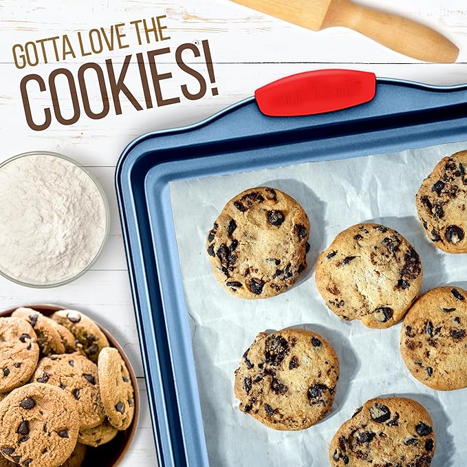 NutriChef 3-Piece Nonstick Cookie Sheets for Baking - Premium Carbon Steel Baking Trays w/ Non-Stick Smooth Coating & Silicone Handles - Large, Medium, & Small Bakeware - Blue