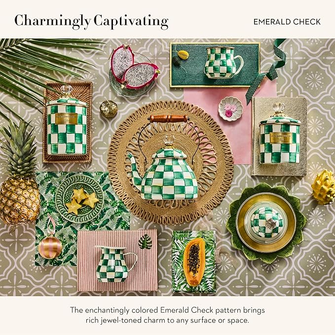 MACKENZIE-CHILDS Enamel Lidded Sugar Bowl, Small Serving Bowl with Lid, 10-Ounce Capacity, Green-and-White Emerald Check