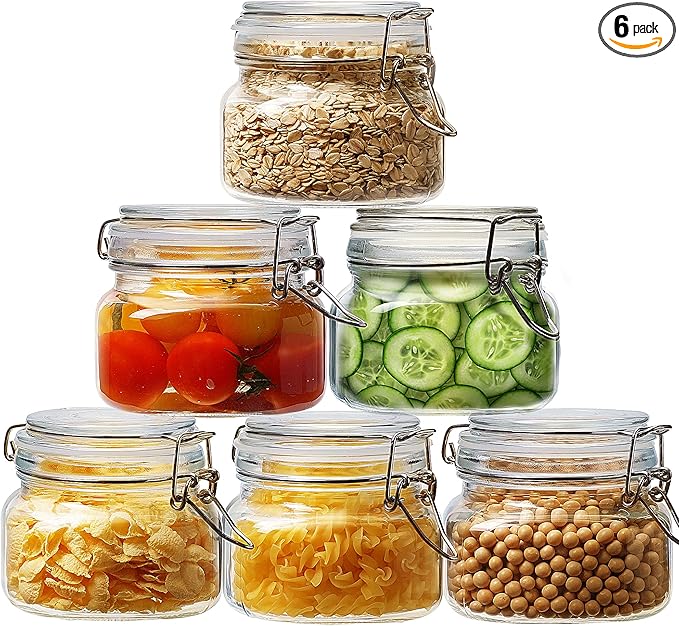 17oz - 6 Pack Square Glass Jars with Airtight Lid, Wide Mouth Mason Jars with Clamp Lids, Air Tight Glass Canisters, Best Food Storage Containers for Cereal, Pasta, Rice, Sugar, Coffee, Spice