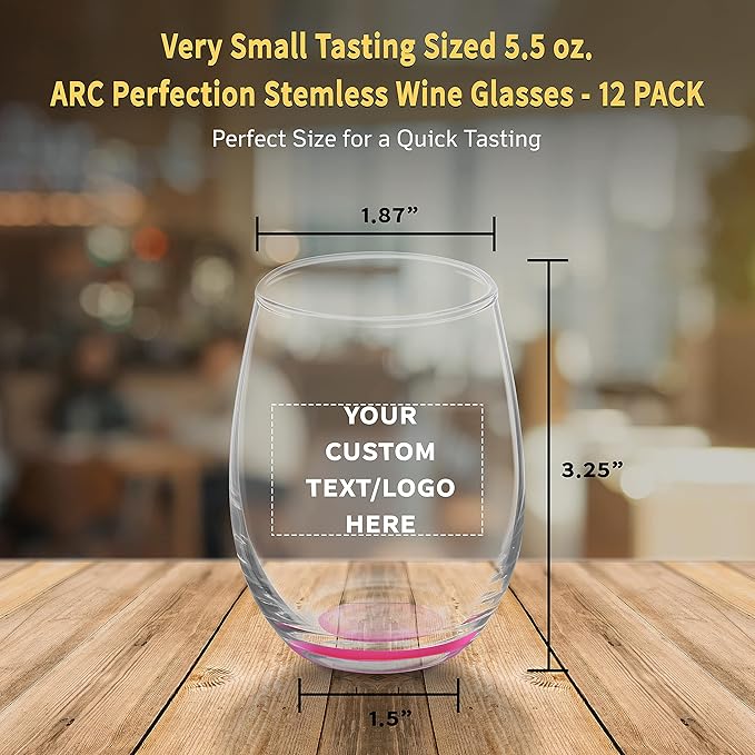 Custom Stemless Wine Glasses by ARC 5.5 oz. Set of 12, Personalized Bulk Pack - Perfect for Hotel, Bar, Restaurant or Lounge - Pink