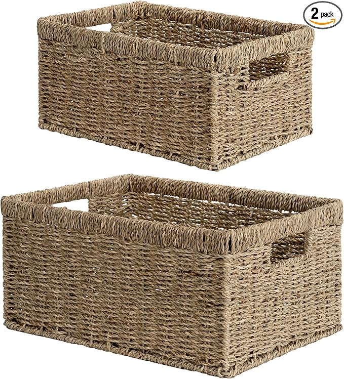 StorageWorks Wicker Storage Baskets, Handwoven Seagrass Basket for Organizing, Decorative Organizers with Built-in Handles, Set of 2