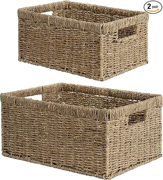 StorageWorks Wicker Storage Baskets, Handwoven Seagrass Basket for Organizing, Decorative Organizers with Built-in Handles, Set of 2