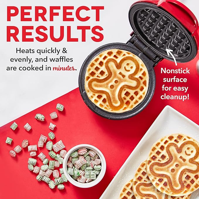 Dash Mini Waffle Maker (2 Pack) for Individual Waffles Hash Browns, Keto Chaffles with Easy to Clean, Non-Stick Surfaces, 4 Inch, Holiday (Snowflake + Gingerbread), Red and Metallic Blue