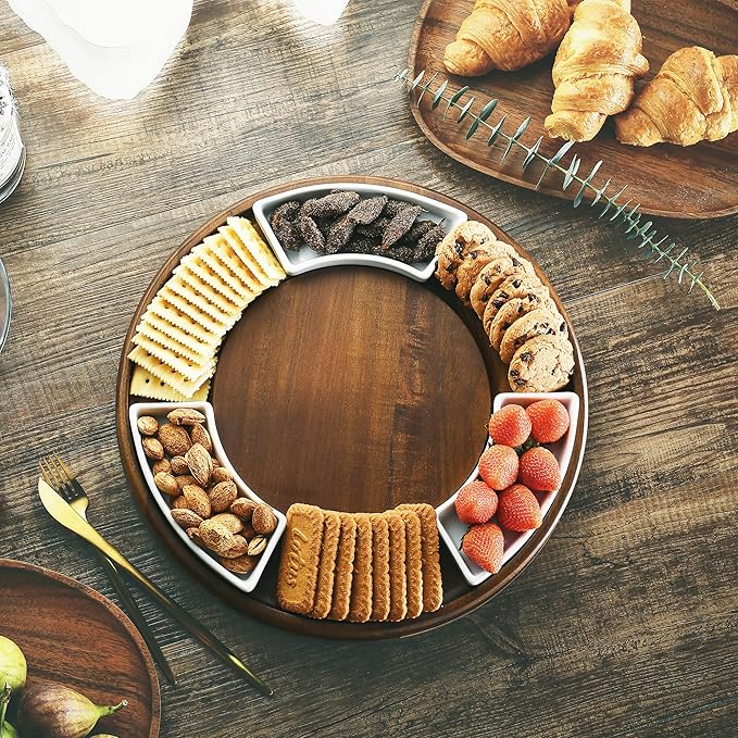 Shanik Lazy Susan Table Top Cheeseboard- Acacia Wood Rotating Serving Platter for Cheese, Charcuterie, and Appetizers, Elegant Serving Tray for Snacks, Entertaining, Parties and Family Gatherings