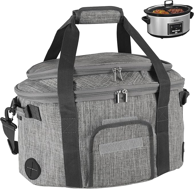 Sunvivi Portable Slow Cooker Bag Fits for 6-8 Quart, Insulated Travel Bag with See-thought Window, Carry Case with Top Zip Compartment, Mesh Pocket & Adjustable Band for Camping, Potluck, Gathering