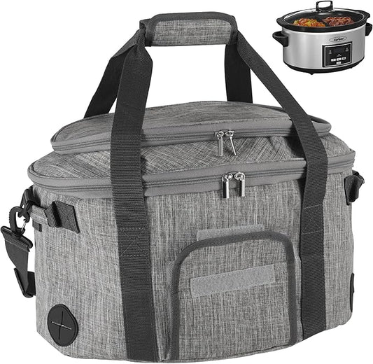 Sunvivi Portable Slow Cooker Bag Fits for 6-8 Quart, Insulated Travel Bag with See-thought Window, Carry Case with Top Zip Compartment, Mesh Pocket & Adjustable Band for Camping, Potluck, Gathering