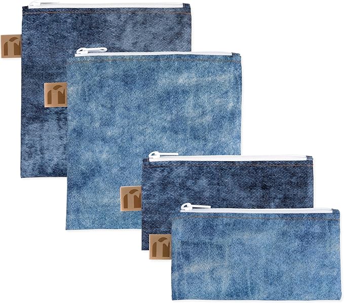 Roamio Reusable Sandwich and Snack Bags, for Kids School Lunch and for Adults Portion, Washable Fabric, Waterproof Cloth Zip Bag, Pack Travel Pouch, Food-Safe Storage, 4-pack Set Faux Denim On Denim