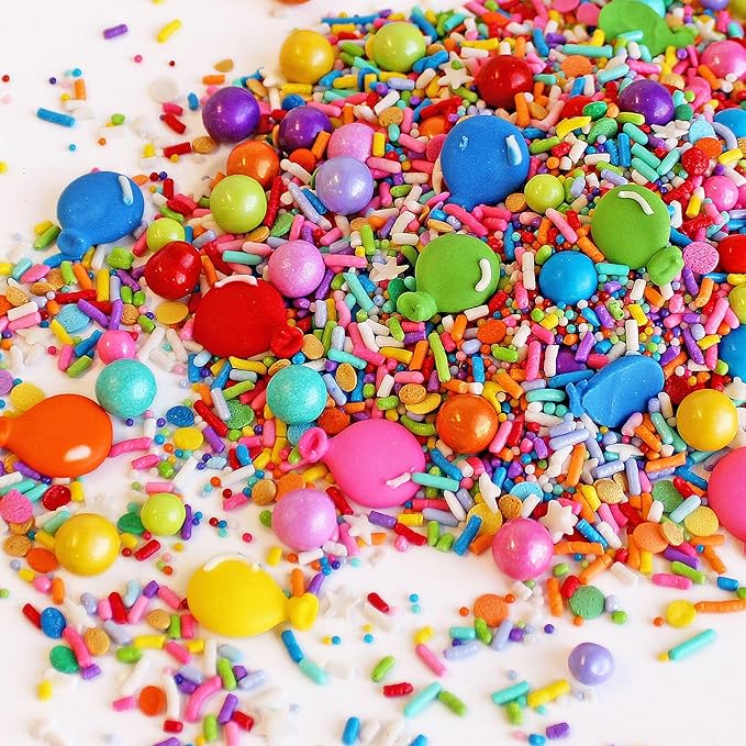 Sprinkle Pop Rainbow Birthday Sprinkle Mix| Red Orange Yellow Iridescent Rainbow Sprinkles with ~6 Royal Icing Balloons| Decorating Sprinkles Made in USA for Girl Boy Cakes Cookie Cupcake Donut, 2oz