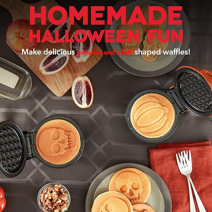 Dash Mini Waffle Maker (2 Pack) for Individual Waffles Hash Browns, Keto Chaffles with Easy to Clean, Non-Stick Surfaces, 4 Inch, Halloween, Black and Orange