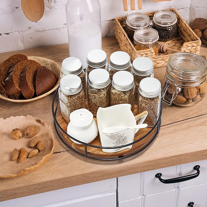 9" Acacia Wood Lazy Susan Turntable, Tomoaza Kitchen Organizer Turntable with Steel Sides, 360 Degree Lazy Susan for Countertop Cabinet or Dining Table