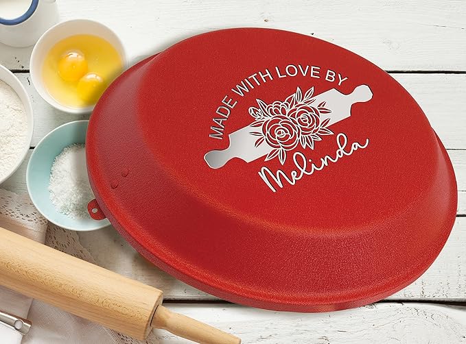Personalized Aluminum Pie Pan with Lid Customized Cake Pan Bake Tray Engraved With Custom Name Text Monogram - Wedding, Engagement, Anniversary, Housewarming, Birthday, Bridal Shower Gift (Red)