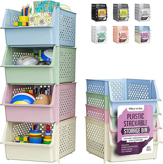 TidyFriend Stackable Storage Bins for Pantry, 4 Pack Stackable Bins For Organizing Food, Kitchen, and Bathroom Essentials (Multi)