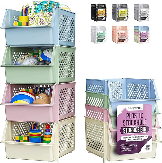 TidyFriend Stackable Storage Bins for Pantry, 4 Pack Stackable Bins For Organizing Food, Kitchen, and Bathroom Essentials (Multi)