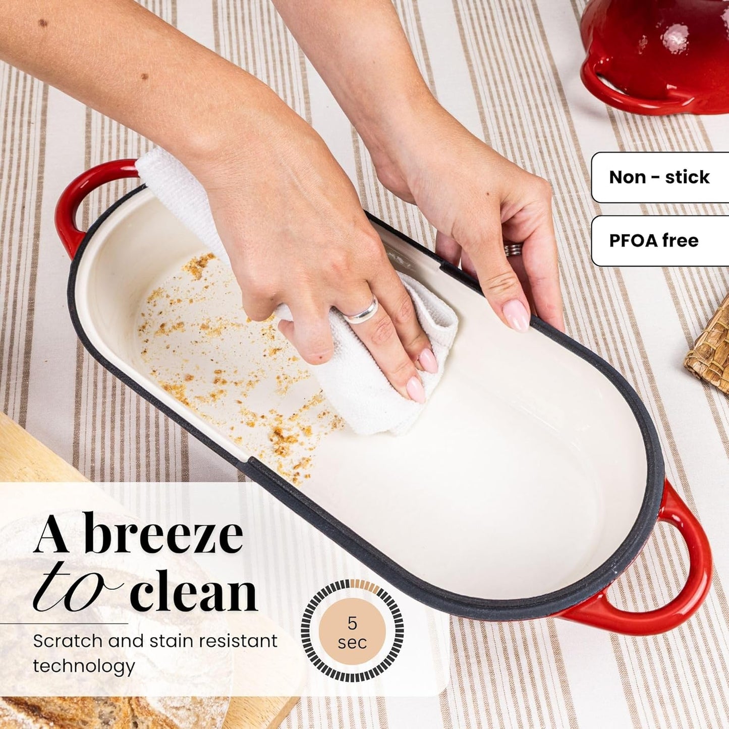 Enamelled Cast Iron Bread Loaf Pot – Dutch Oven For Sourdough Bread Baking – Oven Safe Non Stick Bread Pot – Rectangular, Red, 34cm x 16cm – by Nuovva