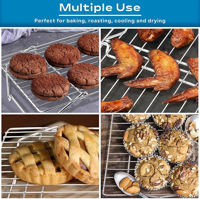 15IN x 10IN Cooling Baking Rack Set of 2, Leonyo 2-Tier Stackable Stainless Steel Wire Baking Cooking Racks Set for Cookie, Pizza, Cup Cake, Raised & Folding Feet