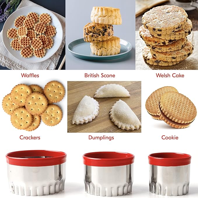 3Pcs Fluted Round Cookie Cutters - 2" & 2.6" & 3", Heavy Duty Food-Grade Stainless Steel, Mini Biscuit Cutter, Unique Design with Protective Red Top PVC