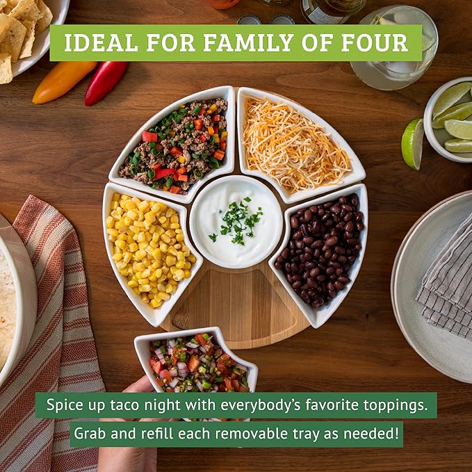 Ceramic Taco Serving Platter - Divided Serving Tray for Taco Tuesday Lazy Susan Taco Bar - Chip and Dip Serving Set for Party - Appetizer Serving Tray for Salsa, Snacks (10 in)