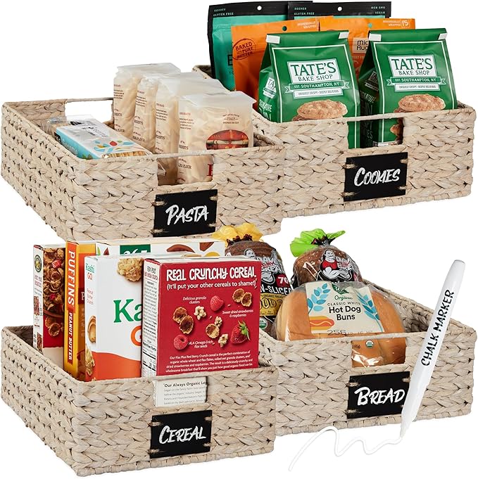 Best Choice Products Set of 4 16x12in Large Water Hyacinth Pantry Baskets, Woven Organizers w/Chalkboard Label, Chalk Marker - White