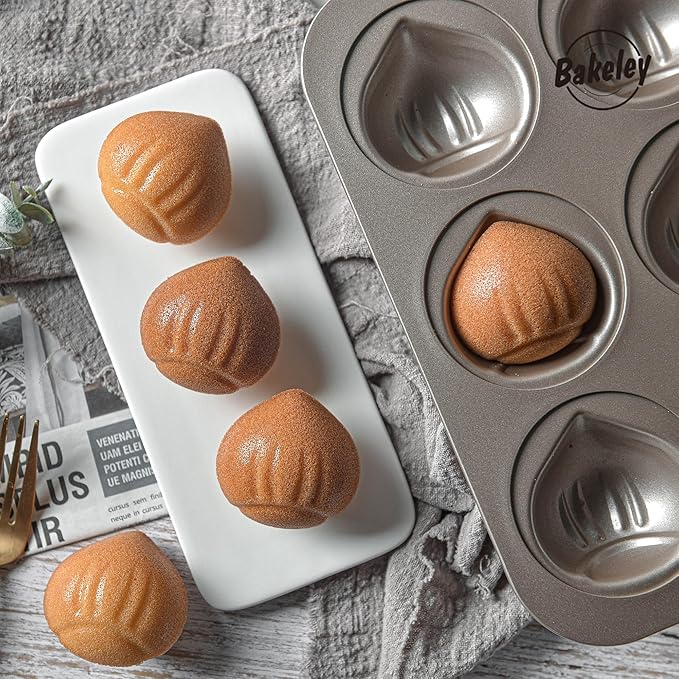 Muffin Cake Pan, Non-Stick 12-Cavity Chestnut-Shaped Bakeware for Oven Baking (Champagne Gold)