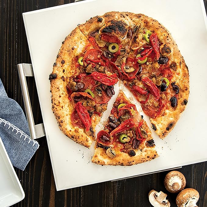 Nordic Ware 14-Inch Square Pizza and Baking Stone, Oven Safe and Grill Safe Cordierite with Stainless Holder