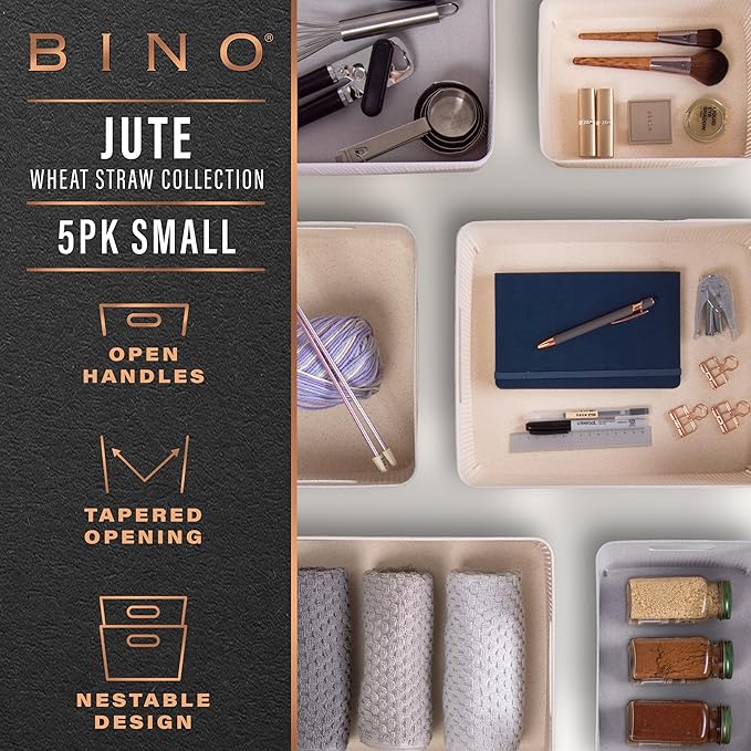 BINO | Woven Plastic Basket | Small (Natural Grey), 5-Pack | THE JUTE COLLECTION | Home Organization, Space - Saving Storage, Stylish Design | Jute Basket | Plastic Storage Basket