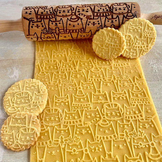 HAPPY CATS Embossing Rolling Pin. Dough and Clay Roller for Embossed Cookies and Pottery. Cookie and Ceramic Stamp. Baking Gifts by Algis Crafts