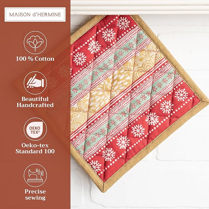 Maison d' Hermine Pot Holders 100% Cotton Heat Resistant Potholders 8" x 8" Hot Pads with Loop BBQ, Cooking, Baking, Grilling, Kitchen, Handling Hot Pans (Pack of 1, Sofia)