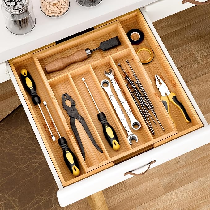 BAMEOS Bamboo Expandable Drawer Organizer, 5-7 Slots Kitchen Drawer Organizer, Adjustable Cutlery Tray for Utensils, Silverware & Flatware (Natural)