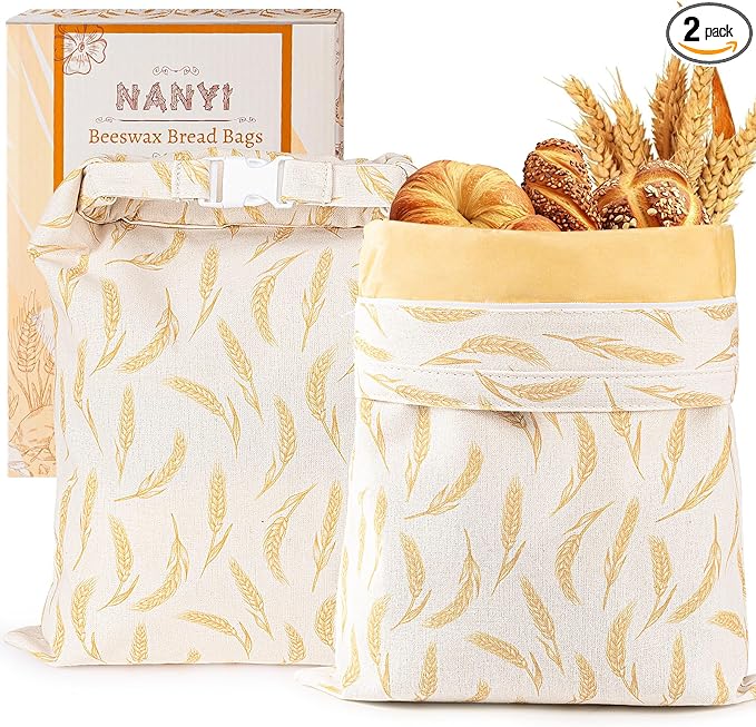 2-Pack Reusable Beeswax Bread Bags for Sourdough & Homemade Bread，Cotton Waxed Bags Keeps Fresh Longer(Golden Wheat)