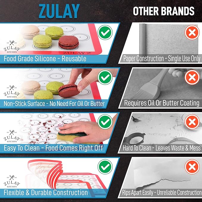 Zulay (Set of 4) Silicone Baking Mat - Macaron Silicone Baking Mats With Pre-printed Template Design - Non Stick & Reusable Silicone Baking Sheet - 2 Half Size + 2 Quarter Size (Red)