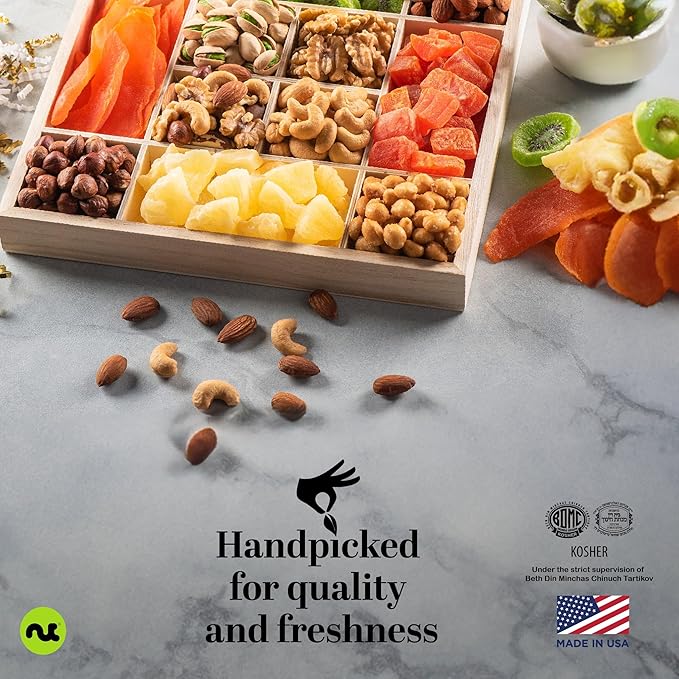NUT CRAVINGS - Rosh Hashana & Shana Tova Dried Fruit & Mixed Nuts Gift Basket in Reusable Wooden Tray + Ribbon (12 Assortments) Food Arrangement, Healthy Snack Care Package, Food Assortments