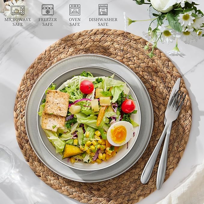 E-far Pasta Bowls Set of 4, 35oz Large Salad Bowl Plate for Dinner Serving Soup, Wide & Shallow Ceramic Stoneware Pasta Plates, Microwave & Dishwasher Safe, Reactive Glaze Texture-Stripe, Creamy Beige