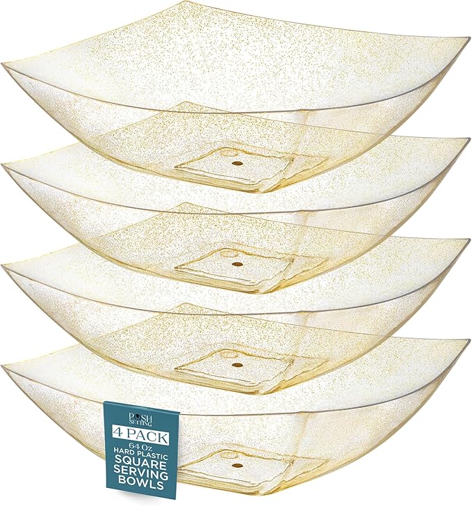 Posh Setting - Gold Glitter Plastic Serving Bowls for Party (64oz - 4 Pack) Square Bowls, Disposable Chip Bowls, Candy Bowls for Party Table, Salad Bowls for Party, Candy Containers for Candy Buffet