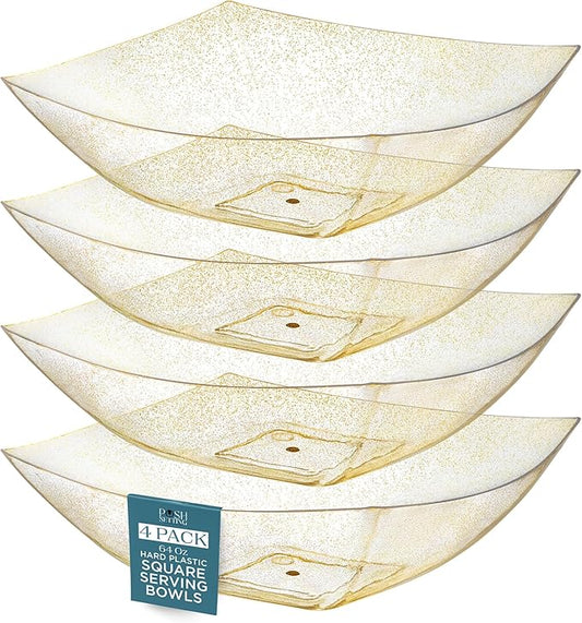 Posh Setting - Gold Glitter Plastic Serving Bowls for Party (64oz - 4 Pack) Square Bowls, Disposable Chip Bowls, Candy Bowls for Party Table, Salad Bowls for Party, Candy Containers for Candy Buffet
