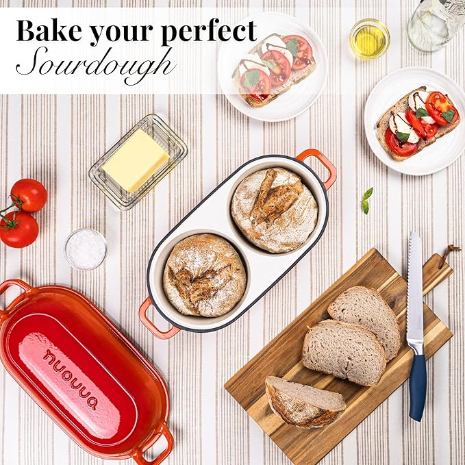 nuovva Dutch Oven For Sourdough Bread Baking – Enamelled Cast Iron Bread Loaf Pot – 500°F Oven Safe Non Stick Bread Pot – Double Round Loaf Space, 16.5cm Diameter, Orange