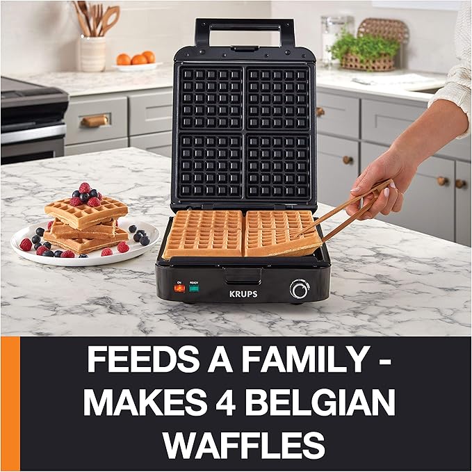 KRUPS 4-Slice Belgian Waffle Maker: Stainless Steel, 5 Browning Levels, Audible Ready Beep, Removable Plates, 1200W, Silver/Black - Perfect for Family Breakfasts