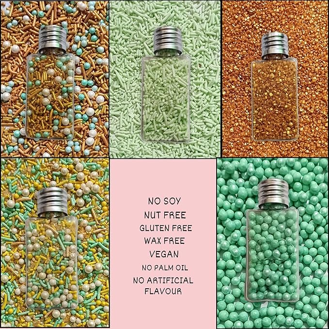 Confect Edible Sprinkles Mix Pack of 5 – Cool Summer Breeze Theme – Yellow Pearl Dragees, Mint Green & Gold Jimmies, Sparkling Gold Sugar – Cake & Cupcake Decorating Toppings - Vegan, Gluten-Free, Nut-Free, Soy-Free, Dairy-Free, Palm Oil-Free- 5 Oz