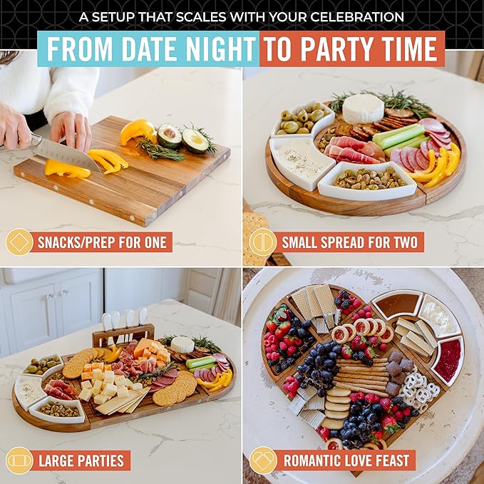 Large Wooden Charcuterie Board Set (Oil Finish) - 3-Piece Magnetic Long Serving Board Tray with Charcuterie Accessories - Acacia Wood Cheese Platter with Cheese Knife Set & Ceramic Dishes - Brown