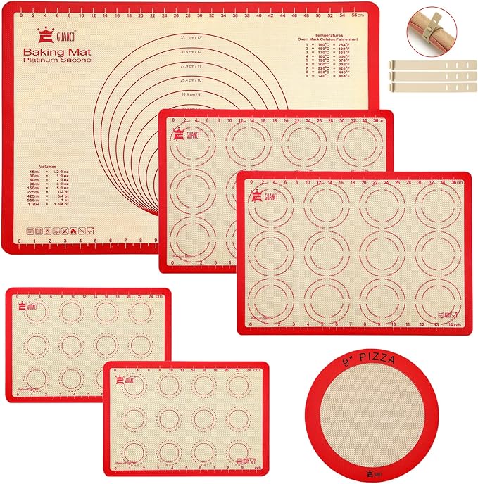 Silicone Baking Mat Set of 6, GUANCI Grade Food Baking mats Non-Stick Reusable Pizza Bakeware Mat for Making Macaroon, Pizza, Cookie, Pastry, Bread, Bun（Red）