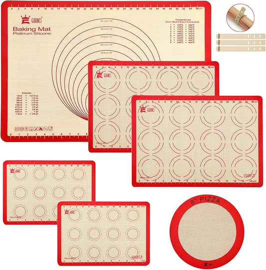 Silicone Baking Mat Set of 6, GUANCI Grade Food Baking mats Non-Stick Reusable Pizza Bakeware Mat for Making Macaroon, Pizza, Cookie, Pastry, Bread, Bun（Red）