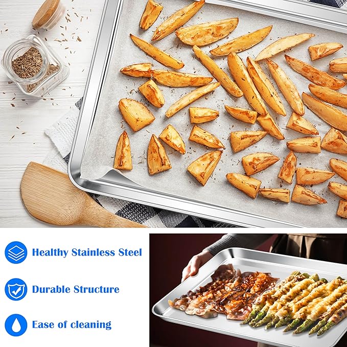 E-far Large Baking Sheets Set of 3, 20”x14” Stainless Steel Cookie Sheet Pans for Oven, Non Toxic Big Metal Baking Tray for Cake Cookies, Healthy & Rust Free, Mirror Finish & Dishwasher Safe