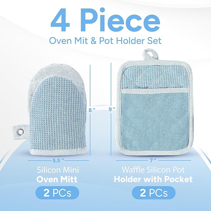 Casa Platino BBQ Gloves & Potholders Set, 4Pc Kitchen Mitts for Oven & Baking, Pot Holder for Hot Pots & Dishes – Heat Resistant Up to 500°F, Non-Slip & Machine Washable – Cornflower