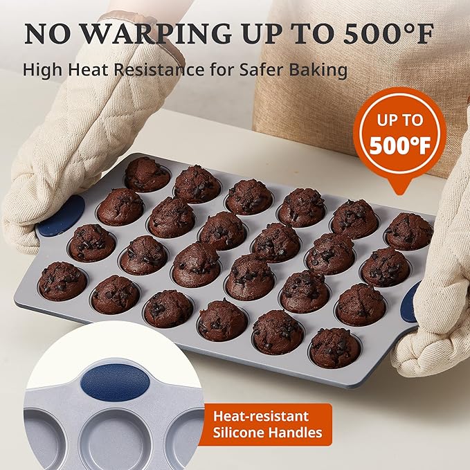 BRONYPRO Ceramic Mini Muffin Pan, 24-Cup Nonstick Aluminized Steel Cupcake Pans, Healthy Non-Toxic Ceramic Coating Mini Muffin Tin, 1Pack Cup Cake Pans for Baking Blue