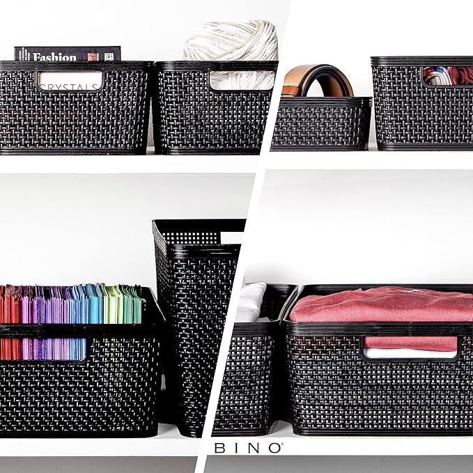 BINO | Woven Plastic Basket | Large (Black), 3-Pack | THE JUTE COLLECTION | Home Organization, Space - Saving Storage, Stylish Design | Jute Basket | Plastic Storage Basket