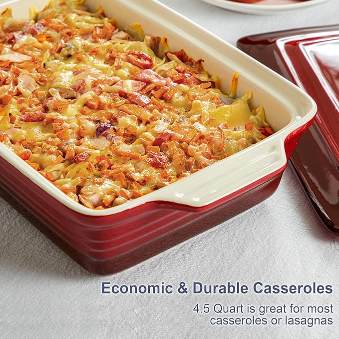 LOVECASA 4.5 Quart Ceramic Casserole Dish with Lid, 9x13 Baking Dish for Oven, Lasagna Pan Deep with Handles, Stoneware Bakeware, Oven & Dishwasher Safe, Gradient Red