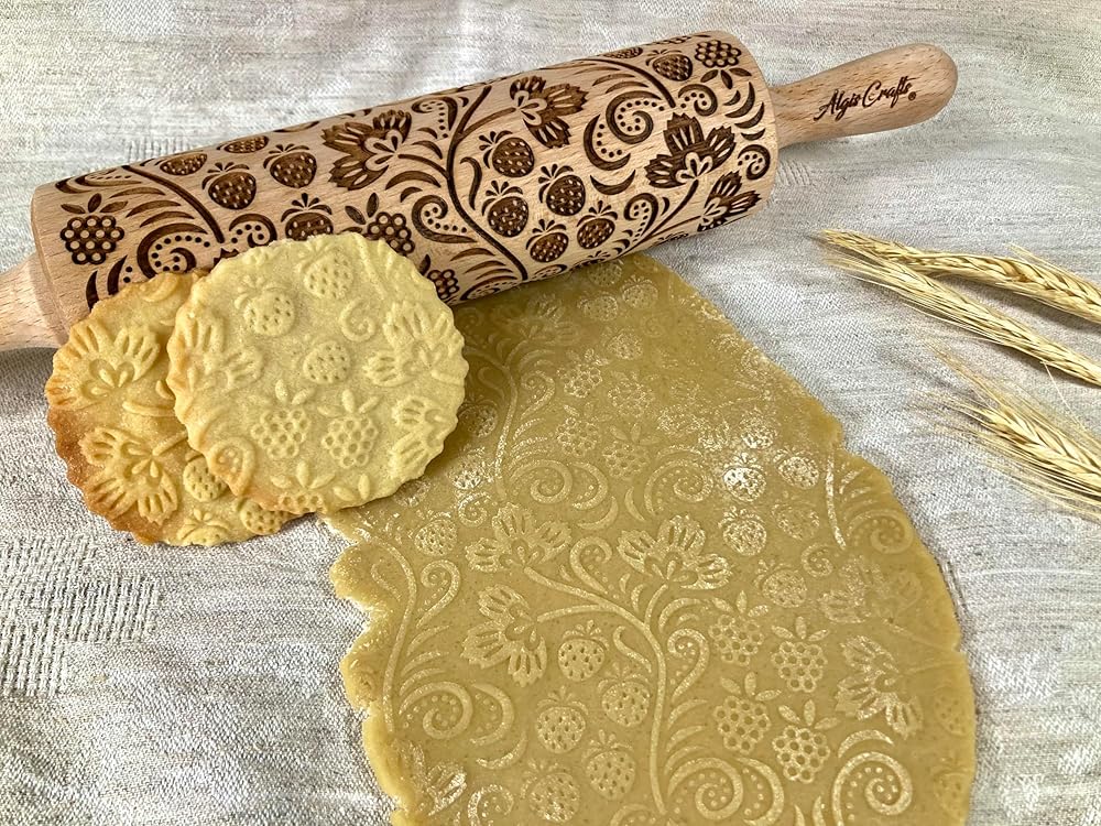 STRAWBERRY embossing rolling pin. Engraved wooden embossed dough roller for embossed cookies or clay by Algis Crafts