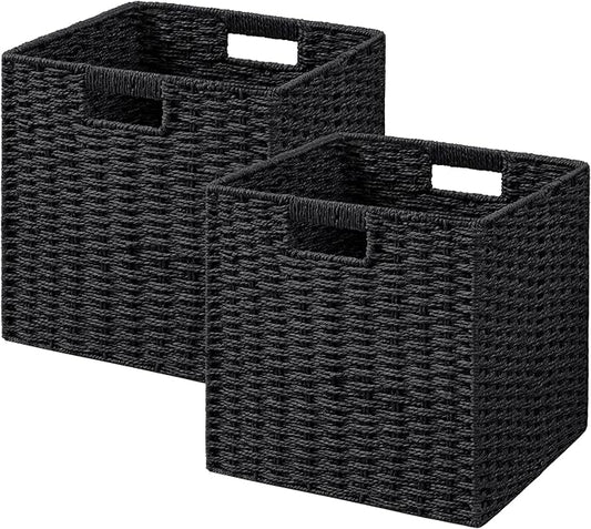 UBBCARE 2 Pack Wicker Basket, 11L×11H×10.5W inch Woven Paper Rope Storage Baskets for shelves, Foldable Cube Storage bin with Handle, Storage Basket for Organizing & Decor, Black