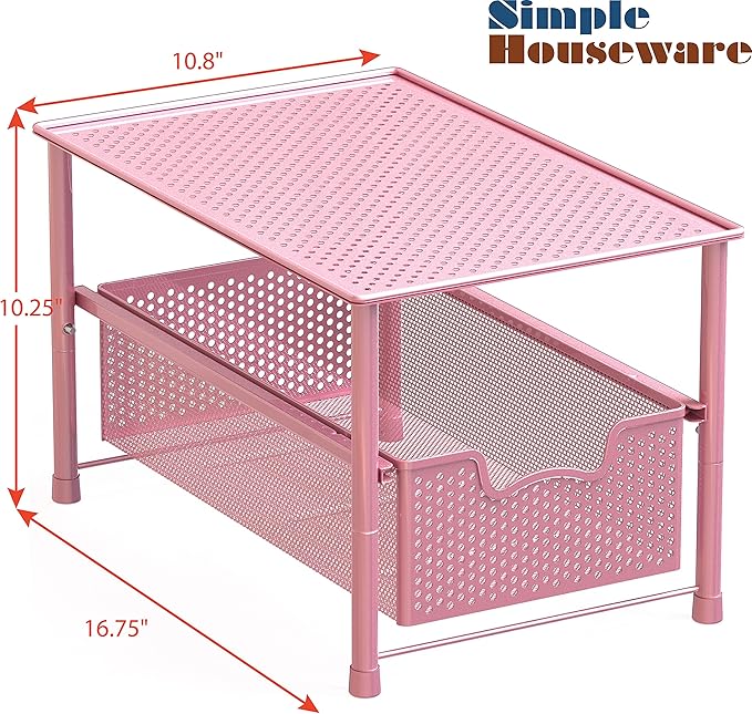 Simple Houseware Stackable Under Sink Cabinet Sliding Basket Organizer Drawer, Pink
